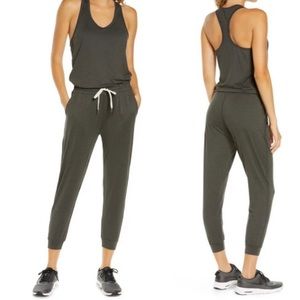 NWOT Vuori Lux Jumpsuit Dark Heather Gray Racerback Onsie Romper 7/8 Length Sz L